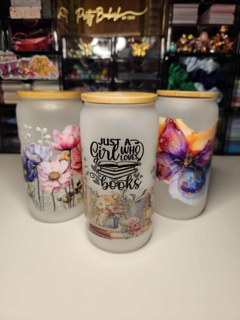 Frosted Glass Cans with Bow Straw