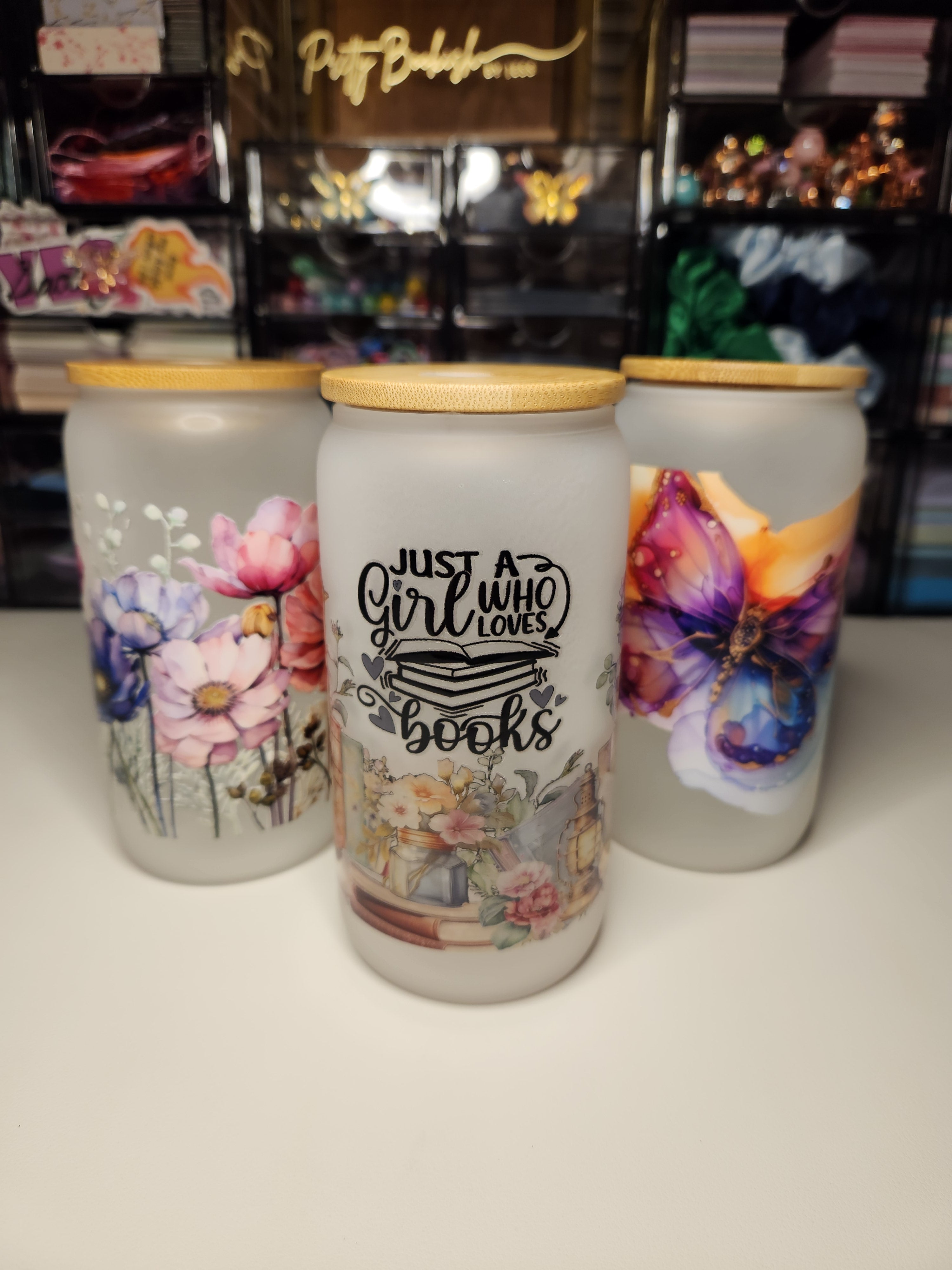 Frosted Glass Cans with Bow Straw