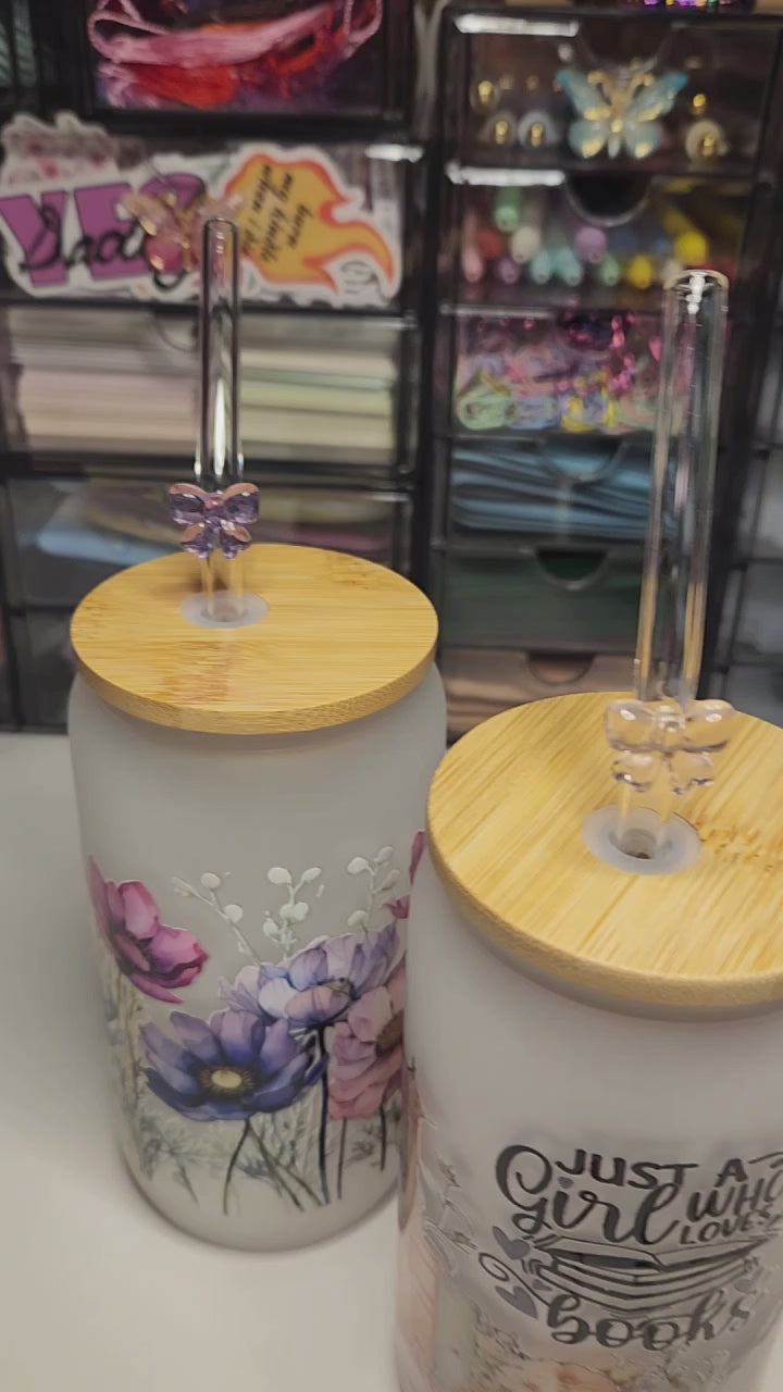 Frosted Glass Cans with Bow Straw